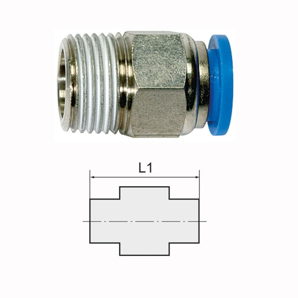 Gerade Steckverschraubung Außengewinde konisch mit Gewindebeschichtung und Außensechskant R 1/8 4 mm