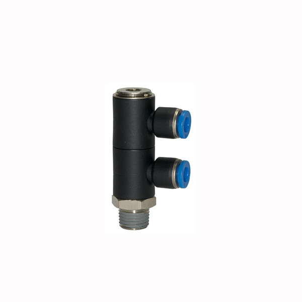 L-Mehrfachverteiler mit Innensechskant 2 Fach drehbar Außengewinde konisch mit Gewindebeschichtung R 1/8 4 mm