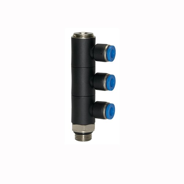 L-Mehrfachverteiler mit Innensechskant 3 Fach drehbar Außengewinde zylindrisch mit O-Ring (NBR) G 1/8 4 mm