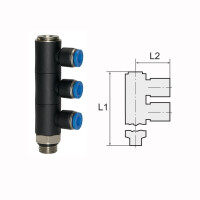L-Mehrfachverteiler mit Innensechskant 3 Fach drehbar Au&szlig;engewinde zylindrisch mit O-Ring (NBR) G 1/8 4 mm