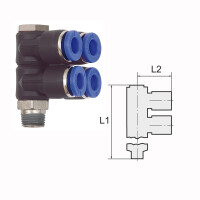 L-Mehrfachverteiler mit Au&szlig;ensechskant 4 Fach drehbar Au&szlig;engewinde konisch mit Gewindebeschichtung R 1/4 8 mm