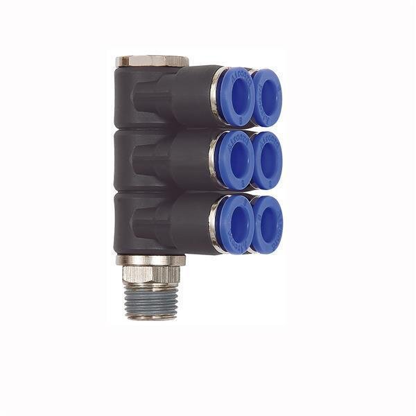 L-Mehrfachverteiler mit Außensechskant 6 Fach drehbar Außengewinde konisch mit Gewindebeschichtung R 1/8 8 mm