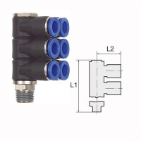 L-Mehrfachverteiler mit Au&szlig;ensechskant 6 Fach drehbar Au&szlig;engewinde konisch mit Gewindebeschichtung R 1/4 6 mm