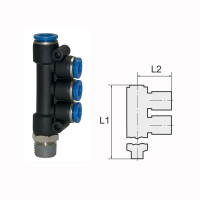 T-Mehrfachverteiler mit Au&szlig;engewinde drehbar konisch mit Gewindebeschichtung R 3/8 4x6 mm