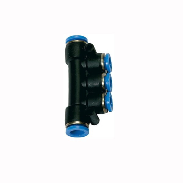 T-Mehrfachverteiler mit Steckanschluss und 3 reduzierenden Abgängen  2x8 mm / 3x4 mm