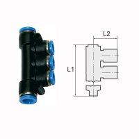T-Mehrfachverteiler mit Steckanschluss und 3 reduzierenden Abg&auml;ngen  2x10 mm / 3x6 mm