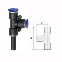 T-Steckverbindung mit Stecknippel und Steckanschl&uuml;ssen in L-Form  6 mm / 6 mm