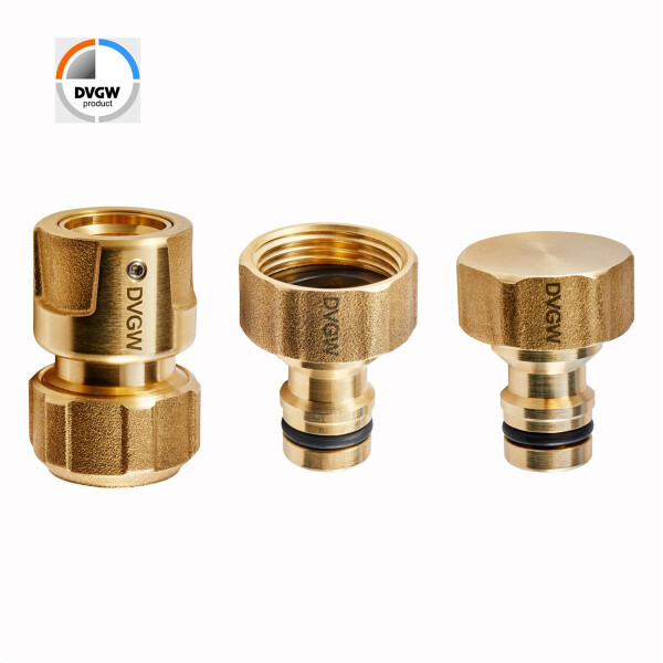 GEKA® plus Stecksystem Basis-Set Messing Trinkwasser 1/2" Schlauchstück + 3/4" Hahnstecker + Verschlussstecker